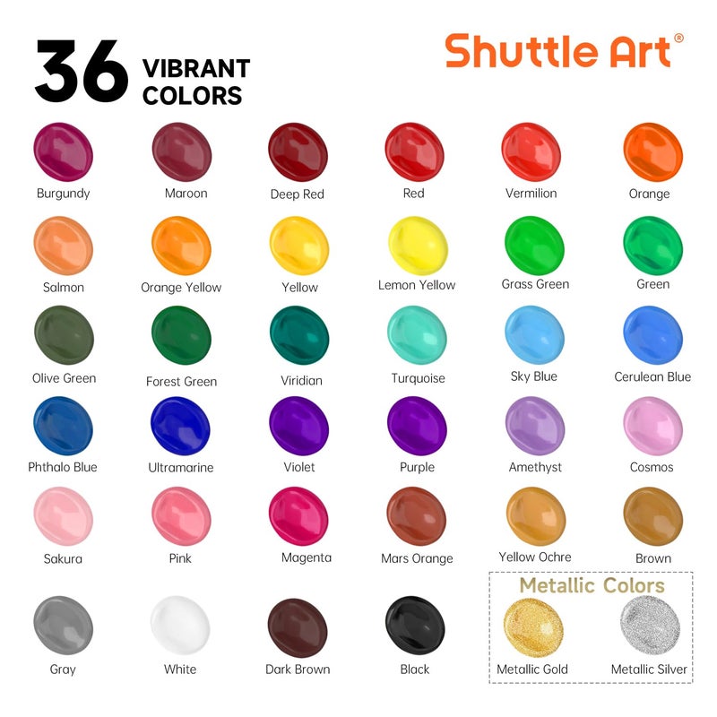 Shuttle Art Acrylic Paint, 36 Colors Acrylic Paint Set with Brushes & Palette, 2oz/60ml Bottles, Rich Pigments Non-toxic for Artists Kids & Adults, Painting on Canvas Rocks Ceramic Wood - Image 3